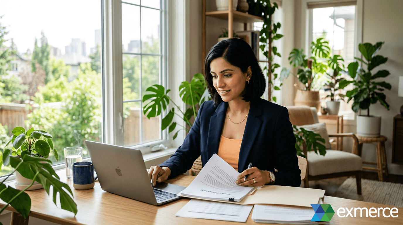 Calgary solo business owner working at a bright home office desk