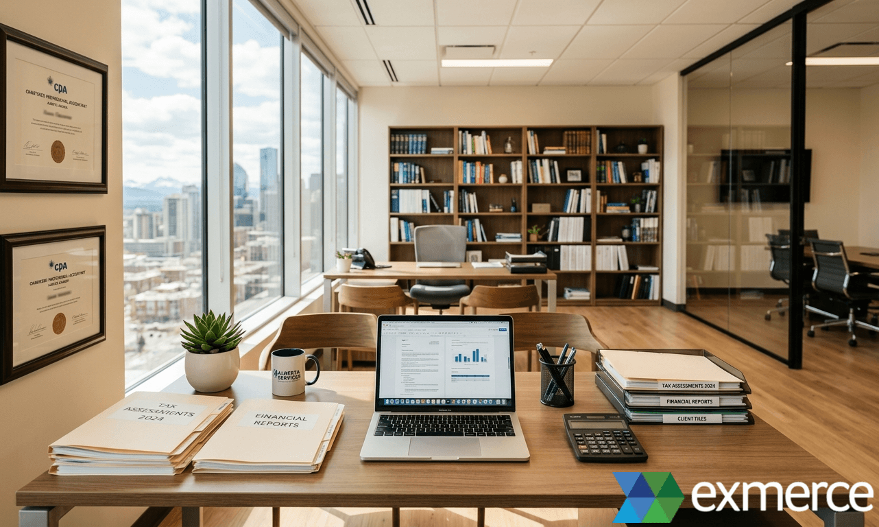 Alberta accountant reviewing client files at a clean professional desk