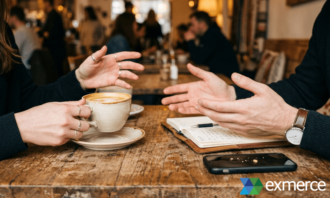 Two people having a genuine business conversation at a cafe table